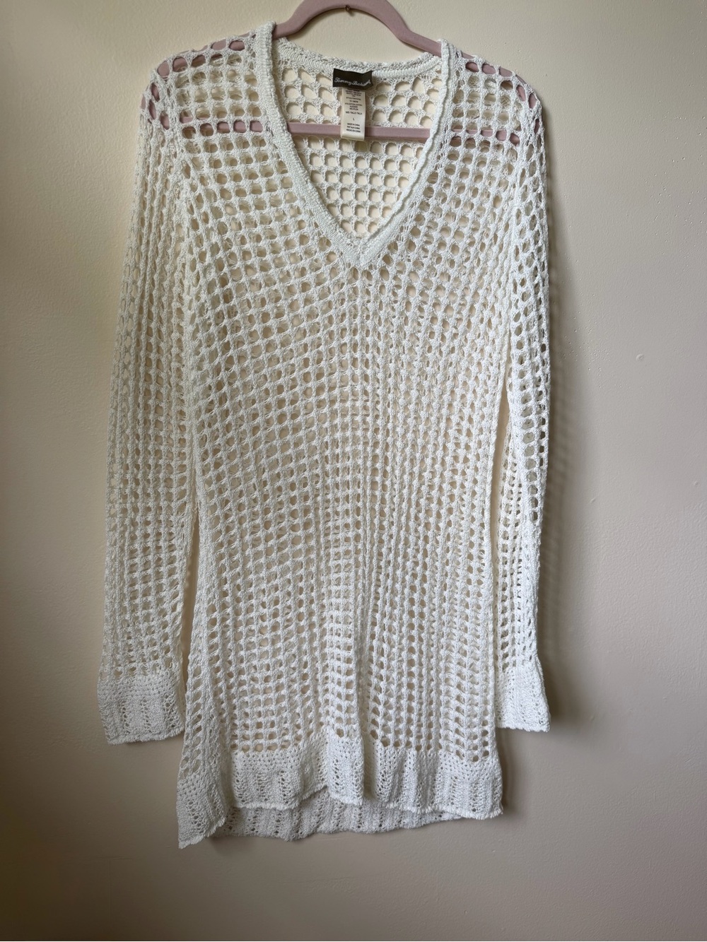 Tommy Bahama White Crochet Open Knit Swim Cover Up Tunic V-Neck Size L - Picture 2 of 6